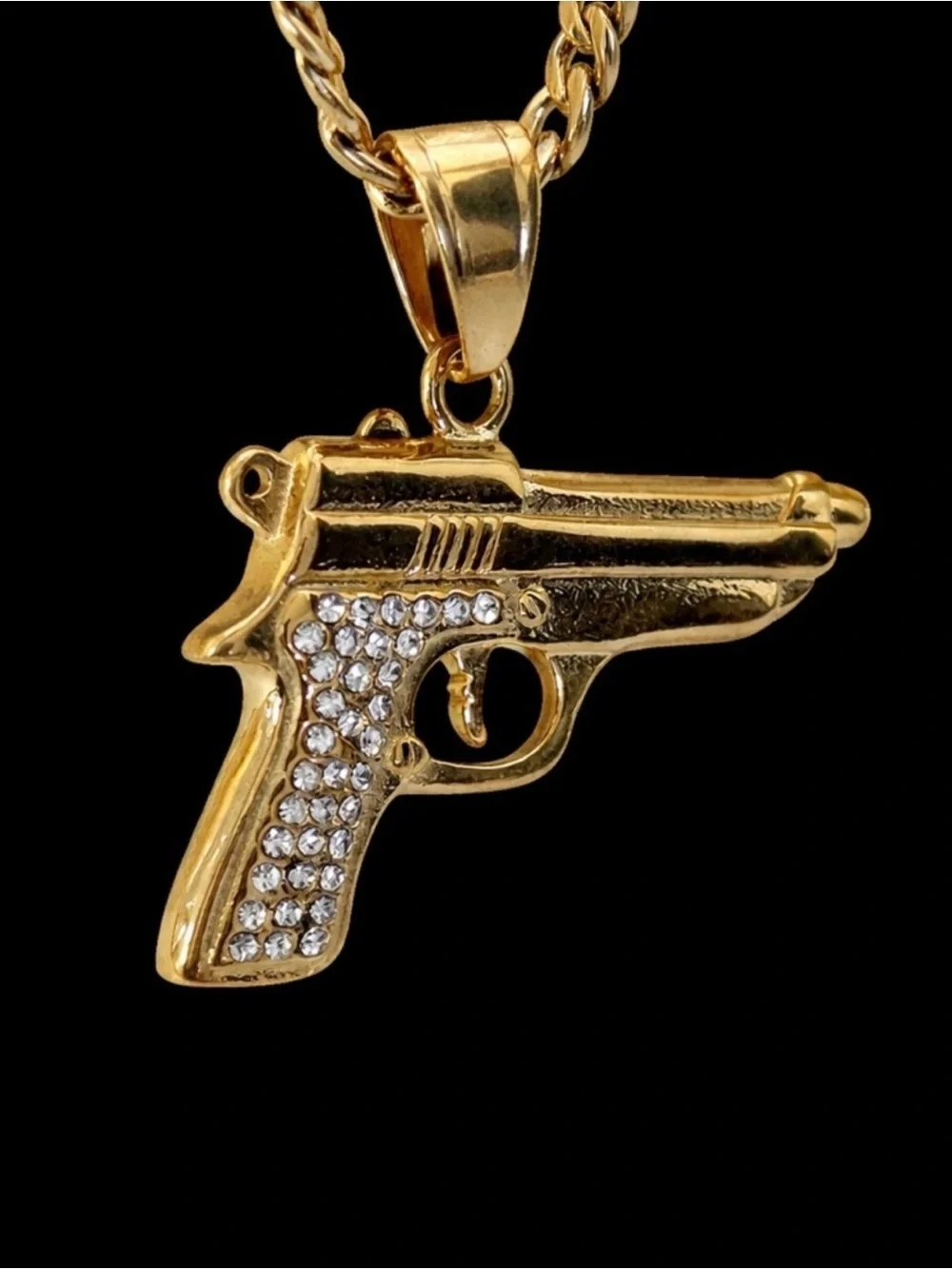 Gold Gun Pendant Necklace - Men's Statement Chain 22” Chain~ Zirconia Stones 💛🖤💛